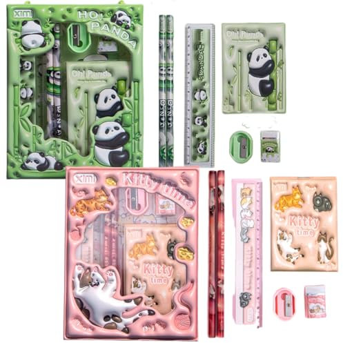 azttior 12 stück Combino Schulset - Inklusive Bleistifte, Radiergummi, Lineal, Anspitzer und Mini Schere - Geschenk zur Einschulung für Schulanfang mit süßem Schulbedarf (Bunte Panda,Kawaii Katzen)