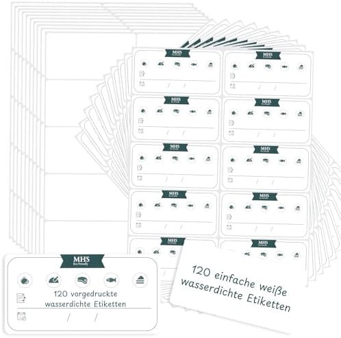 240 Starke Gefrieretiketten – 120 Leere & 120 Vorgedruckte, Sprachneutral, Einfach Abziehbare Aufkleber für Vorrat, Meal Prep, Beutel, Gläser – Kompatibel mit Laser/Tintenstrahldruckern (6 x 3 cm)