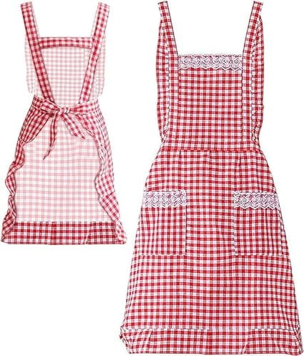 AMJKEJI Klassische Vintage-Schürze, rot und weiß kariert, mit 2 Taschen, wasserdichte Kochschürze, Kochschürze zum Kochen, Backen, Gartenarbeit, Geschenke für Mutter, Frau, Freundin