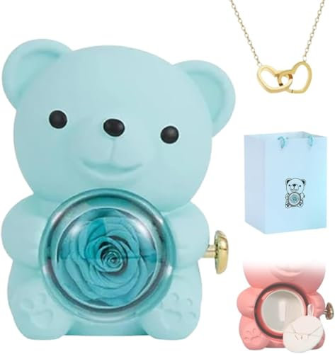 Eunmsi Collana con cuore inciso con scatola regalo con vera rosa orso, regalo per donne, set regalo con rose conservate, scatola portagioie con orsetto ribaltabile con fiori di rosa eterna, regalo da