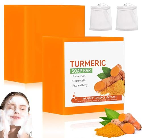 Kurkuma Seife, Kurkuma Seifenstück, Kurkuma-Gesichtsseife, Dunkle Flecken Entferner für Gesicht, Handgemachte Bio Naturseife, Reinigt die Poren gründlich für alle Hauttypen geeignet (2×100g)