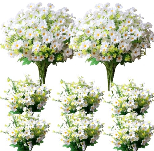 YXYQR Künstliche Gänseblümchen, Seidenblumen, UV-beständig, Kunstblumen, Kunststoffpflanzen, Grünpflanzen, Blumenarrangement für Innenbereich, Topf, Vase, Gräber, Fensterkasten, Außen, Weiß, 12 Bündel