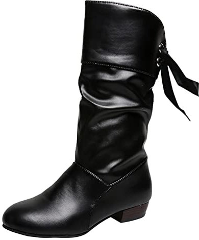 Generico Stivali Polpacci Grossi Stivali Gambale Largo Stivali Medi con Tacco Spesso in Pelle Plissettata Tinta Unita alla da Donna Stivali da Donna Alti Anfibi Donna Pelle Morbida (Black, 41)