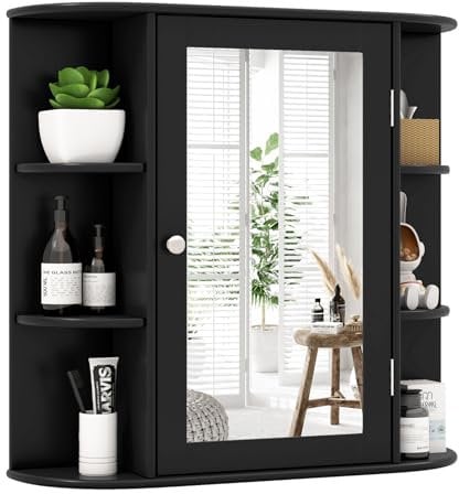 COSTWAY Bathroom Mirror Cabinet, Single Door Wall Mounted Storage Cupboard with Adjustable Shelves, Home Office Living Room Display Organiser Unit (Black, 65 x 17 x 64cm)