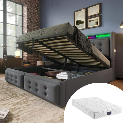 Polsterbett Doppelbett 160x200, Hydraulisch Stauraumbett Jugendbett mit Stauraum&Lattenrost, LED Kopfteil mit USB Typ-C Ladefunktion&Staufach, Funktionsbett Bettgestell, Baumwolle, Mit Matratze, Grau