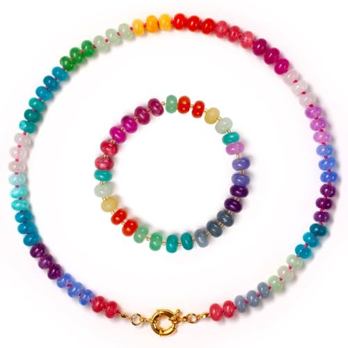 SKLife style design Damen Armband mit Halskette Set - Bunte Natursteinen Schmuckset Geschenk für Frauen, Choker im Boho-Stil. (Bunt)