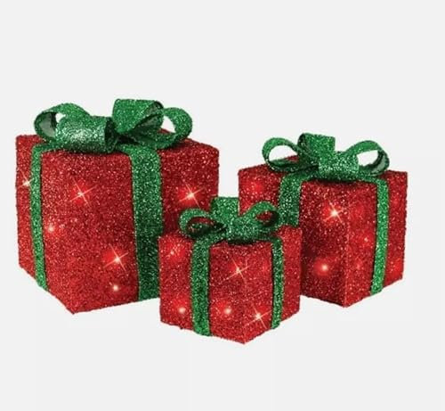 Trendi Set of 3 Light Up Present Boxes with 58 LEDs | Christmas Decorations Warm White Lights | Battery Operated Gift Boxes with ON/OFF Switch | Xmas Tree & Fairy Lights Decor (Red Box With Green Bow)