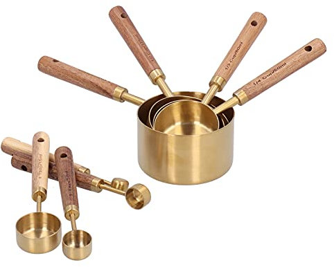 Measure Cups 8Pcs, Stainless Steel Measuring Cup with Wooden Handle Measuring Cups and Spoons Cup Spoon Wooden Copper Gold Measurement Set Bartending Scale Spoon Baking Tool