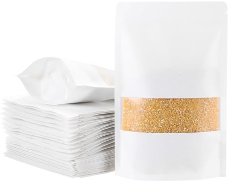 sourcing map 50pcs Kraft Stand Up Pouches, 7 x 10 White Resealable Kraft Paper Zip Seal Food Storage Bags Multipurpose Bulk Packing Bags with Matte Window for Dried Fruit Nut Coffee Tea