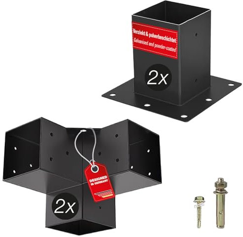 SOTECH SET de montage 4 pièces (2x raccords d'angle + 2x douilles au sol) carré 100 x 100 mm Acier galvanisé et revêtement par poudre noir pour une protection maximale contre la corrosion