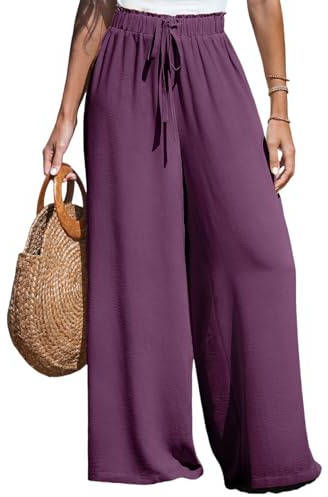 CUPSHE Women Trousers Drawstring Wide Leg High Waist Casual Beach Lightweight Summer Trousers, Dark Purple, M