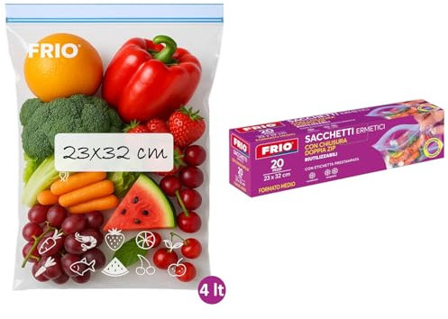 FRIO – 20 Sac Congélation ZIP 4L (taille M - 23x32 cm) Réutilisables et Hermétiques avec double ZIP, Sachets Plastiques Transparents pour Congélateur et Conservation des Aliments, Avec Étiquette
