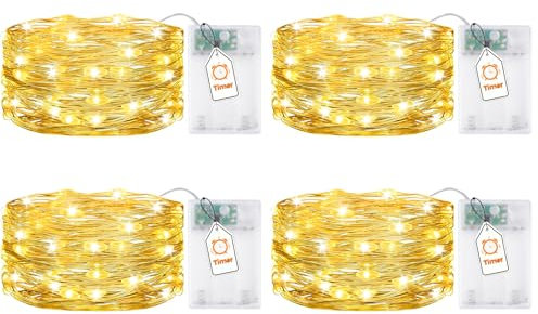 VIKY® 4 Stk LED Lichterkette Batterie mit Timer, 5M 50 LED Micro Kupferdraht Lichterkette Innen Batteriebetrieben, Warmweiß lichterkette mit Timer für Hochzeit, Silvester, Weihnachten Innen Dekoration