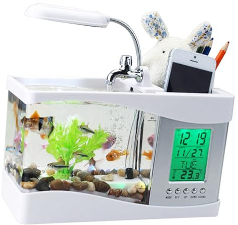 Pyhodi Mini -Fisch, Multifunktionales USB -wiederaufladbarer Fisch Desktop Elektronisches Aquarium mit USB ökologischer Lampe Desktop Tanking Aquariumkalender für (White)