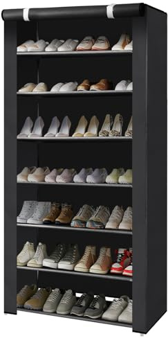 TerraNook Shoe Cabinets Shoe Rack with Dustproof Cover, 4/5/6/8 Tier Shoe Cupboard Storage Organiser, Non-Woven Fabric & Metal Frame, for Hallway Porch Living Room (Black, 8 tier)