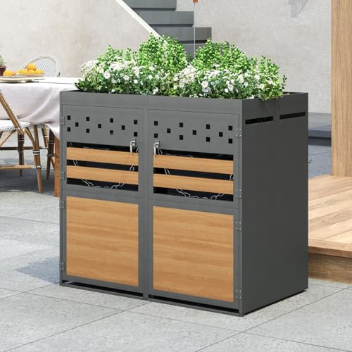 KOMHTOM 240L Cache Poubelle Extérieur Double, Abri à Poubelle avec Bac de Plantation, Acier Galvanisé, Portes avec Poignées et Serrure, Chaînes (2, Naturel-3)