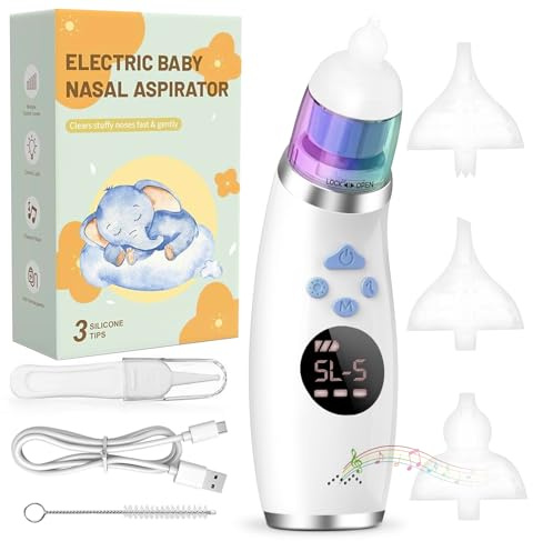 Aspiratore Nasale Neonato Elettrico, Aspira Muco Bambini Portatile con Display LCD e Custodia, 3 Beccucci in Silicone, Silenzioso, Pulizia Naso USB