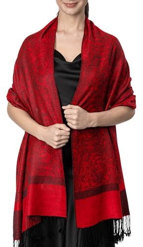 Achillea Zweifarbiger Vintage-Schal aus Jacquard, Paisleymuster, Pashmina-Schal, Rot, schwarz