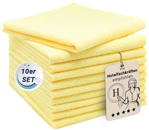 ZOLLNER 10er Set Mikrofasertücher für streifenfreien Glanz - flusenfreie und saugstarke Reinigungstücher - waschbar bis 60°C - 32x32cm in gelb - Hotelqualität