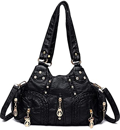 PORRASSO Damen Handtasche Mode Schultertasche Hobo Tasche Weiches PU Leder Umhängetaschen Frauen Henkeltaschen für Büro Schule Einkauf Schwarz