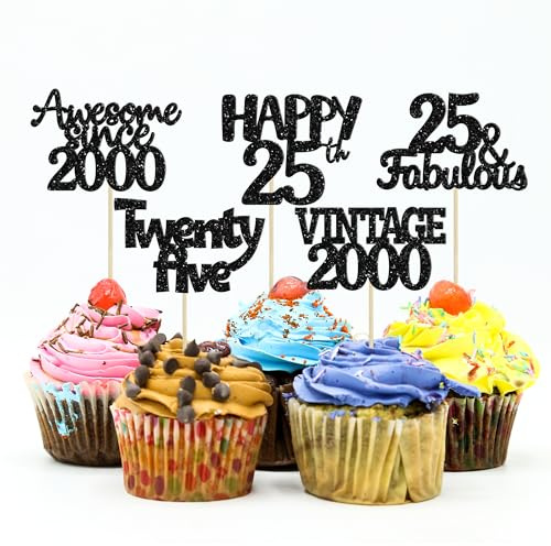Gyufise Cupcake-Aufsätze im Vintage-Stil, 2000, glitzernd, 25. Geburtstag, Partyzubehör, schwarz, 30 Stück