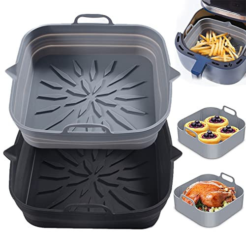 2pcs Silikonform für Heißluftfritteuse, 23cm Air Fryer Silicone Pot Wiederverwendbar Luftfritteuse Silikontopf, Airfryer Zubehör, Hitzebeständig Matten für Air Fryer Mikrowelle Ofen Tortengussformen