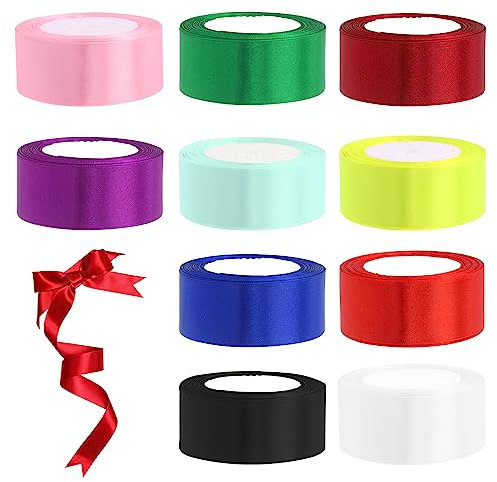 Swpeet Lot de 10 rouleaux de ruban satiné simple face en polyester 10 couleurs de 3,8 cm x 22,9 m pour emballage cadeau, travaux manuels, décoration de fête – Longueur totale : 227 m
