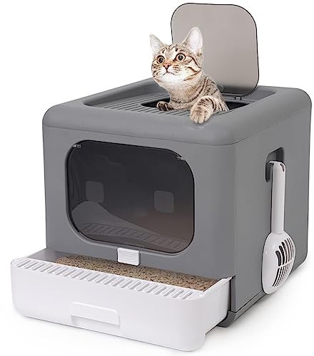 HOMCENT Cat Litter Tray Box With Lid, FoldableLarge Cats Toilet with Lid, Front Door and Top Entrance Easy to Clean (Grey, 40 x 44 x 40 cm)