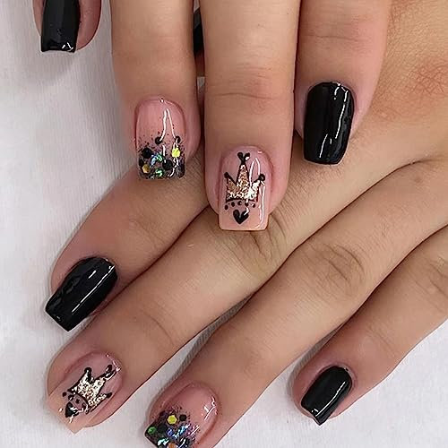Ceboic 24Pcs Square False Nails Short, French Tip Press on with Crown Designs, Pink & Black Glossy Removable Glue Nails, Acrylic Full Cover Stick for Women and Girls Art, Crown, 1, 1.0 millilitre