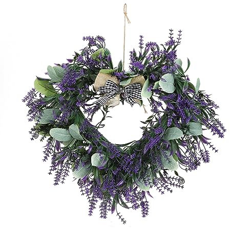 ZHDOKA Heart Shaped Lavender Wreath, Spring Summer Front Door Purple Lavender Wreath Silk Decorative Floral Wreath with Green Leaves for Home Farmhouse Outdoor Wall Window Decor(Multicolor)