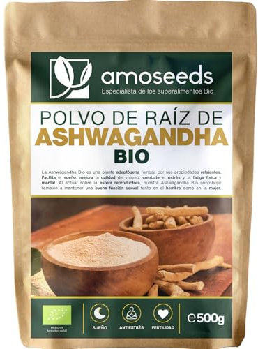 Ashwagandha en Polvo BIO 500G | 100% Withania Somnífera orgánica, Ginseng Indio, Ayurveda | Estrés, Sueño, Adaptógena | Primera Calidad