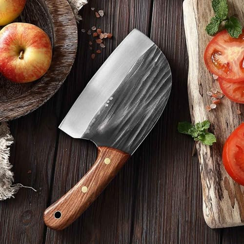 Muxel Premium Outdoor-Messer Vielseitig, Handgeschmiedet, Rustikal Hackmesser und Metzgermesser extrem Scharf mit Lederscheide