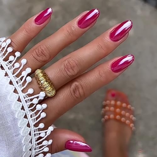 24 Pcs Almond False Nails - Short, French Tip Rose Red Glitter Acrylic Full Cover Stick on Nails for Women and Girls Manicure Decorations
