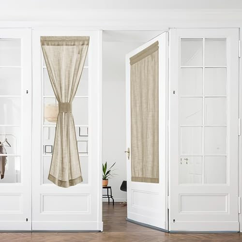 PONY DANCE Scheibengardine Tür Gardine Halbtransparent Französischer Türvorhang Leinenoptik 2-Set H 240 x B 60 cm Balkontür Vorhang Landhaus Dekoration, Taupe