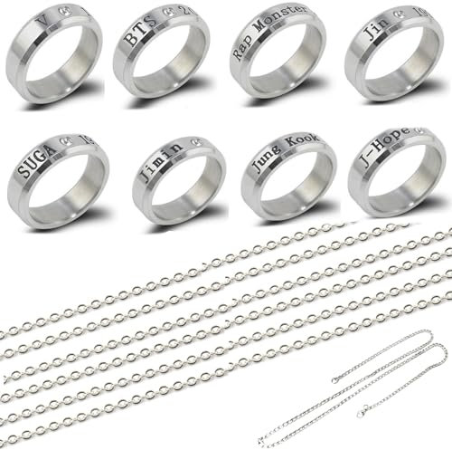 BJPERFMS Kpop BTS Ringe mit Halskette, 8 Stück BTS Ringe aus Titanstahl, BTS Halskette, BTS Schmuck, BTS Schmuck, Kpop BTS Zubehör, Geburtstagsgeschenk für Mädchen Jungen Army