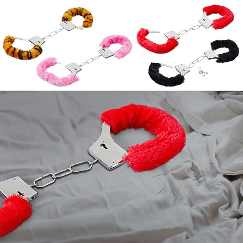 Plüsch Handschellen 4er Set | Eisen Polyester rot schwarz pink Tigermuster | 2 Schlüssel Handcuffs Schloss