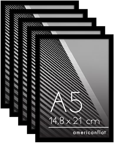 Americanflat Din A5 Bilderrahmen Set (5er Pack) - schmaler Fotorahmen mit bruchsicherer Scheibe - inklusive Ständer und integrierter Aufhängung für Hoch- und Querformat - Schwarz