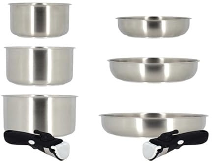 MENASTYL - Batterie de cuisine amovible en Inox Iris 8 pièces - Compatible tous feux dont induction, four et lave-vaisselle - Empilable - Acier inoxydable et fond sandwich renforcé - 6014129