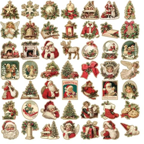 50 Sheets Vintage Christmas Stickers - Waterproof Rub On Transfers, Holiday Decoration Stickers For Scrapbook Journal Planner Album