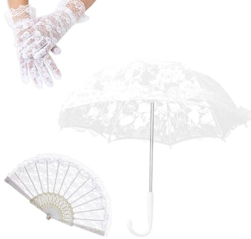 GELXGRIT Mini White Lace Parasol Kit Vintage Lace Embroidery Parasol Floral Wrist Gloves Handheld Folding Fan White Umbrella For Tea Party Costume Wedding Bride Photo Props Accessories