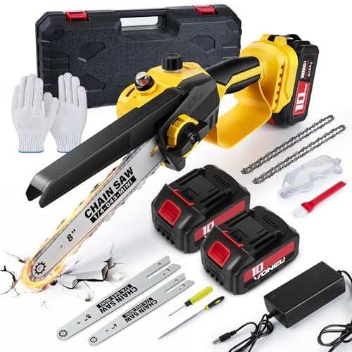 DKIEI Mini motosega senza fili da 15 e 20 cm, motosega elettrica senza spazzole con 2 batterie da 2000 mAh e 4 catene, utensili elettrici portatili portatili per tagliare rami del legno da giardino,