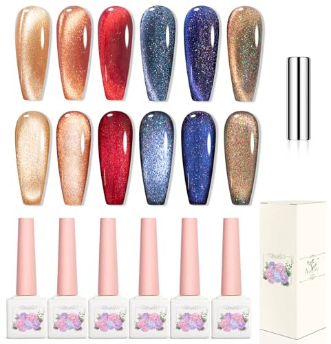 Adhere 6Pcs 12ML Cat Eye Gel Nail Polish Set,Colorful Light Reflective Glitter Cat Eye, Sparkling Diamond Magnetic Amber Shine Color with Magnet Autumn Winter Dark Cat Eye