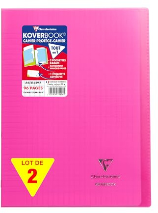 Clairefontaine 971408AMZC Lot de 2 Cahiers Agrafés Koverbook Roses - A4 21x29,7 cm - 96 Pages Grands Carreaux - Papier Blanc 90 g - Couverture Polypro