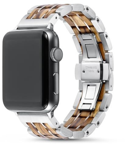 iWoodz® Holz Armband Kompatibel mit Apple Watch 40mm 42mm 46mm 44mm 45mm 41mm 38mm 49mm, Damen Herren iWatch Series 10 9 8 7 6 5 4 3 2 1 SE Ultra (Oak/Silber, (S10 42mm)+(38mm/40mm/41mm))