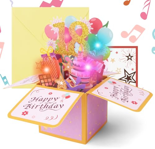 OFFCUP 18-års födelsedagskort, ljus- och musikkort Happy Birthday, rosa 3D-gratulationskort pop up-presentlåda för 18-åriga dotter, barnbarn, syster, brorsdotter, vän, presentdekoration