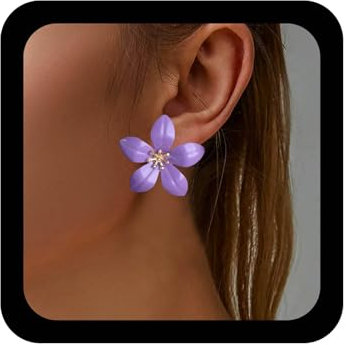 Cybche Boho Purple Large Flower Earrings Enamel Floral Petal Statement Earrings Metal Cute Cherry Blossom Daisy Stud Earring Jewelry for Women