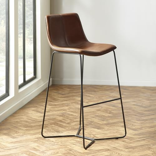 Julian Bowen Set of 2 Joren Tan Brown PU Leather Bar Stools | Industrial Style Bar Stools for Kitchen or Home Bar, Padded Seat, Curved Backrests