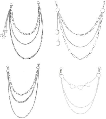 YOYEAH 4 Stück Punk Hip Hop Hosenkette Set - Hosenkette für Geldbörse Tasche Gürtel Jeans - Modische Hosenketten für Herren und Damen - Grunge Accessoires - Punk Rock Hose Kette - Goth Gürtel Kette