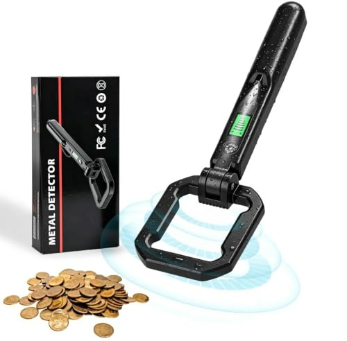 Foldable Handheld Metal Detector - IP66 Waterproof, Kids & Adults Lightweight Portable 360° Detection Tool with LCD Display, Compass & LED Light, 9V Battery Powered for Treasure Hunting, Outdoor Use