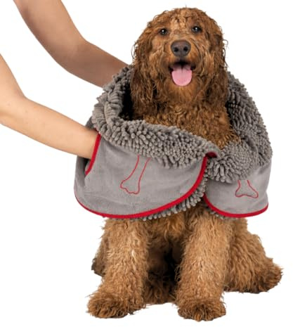 Dirt Devil Mikrofaser Handtuch Hund - Katzen- und Hundehandtuch - Super Saugfähiges Trockenhandtuch mit 2 Taschen - 78 x 32 cm - Grau/Rot